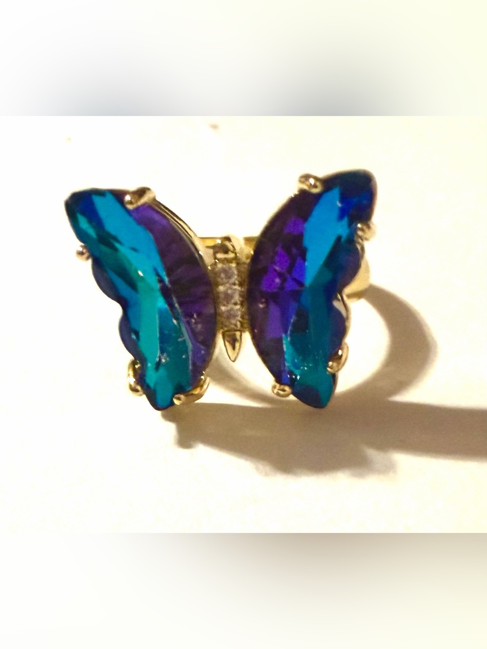Blue & Green Crystal Butterfly Adjustable Ring
